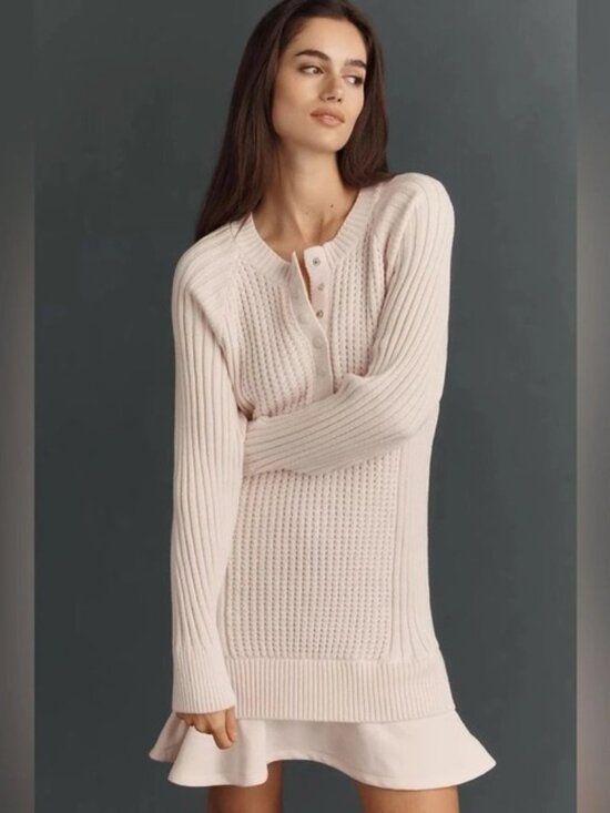 Anthropologie Dresses & Skirts - Anthropologie Daily Practice Twofer Waffle Knit Sweater Dress M Pink Ruffle